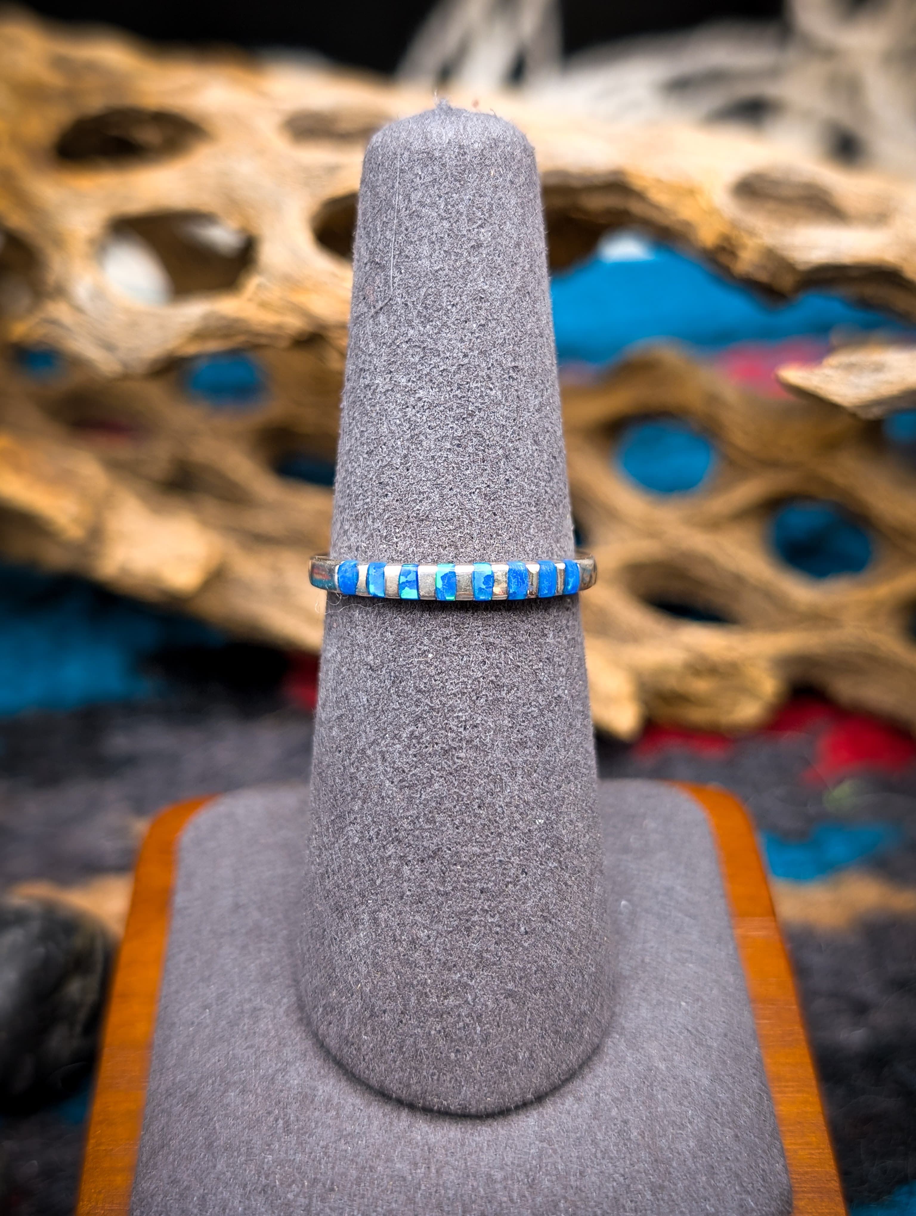 Zuni Lab Opal Inlay Sterling Silver Band Size 7