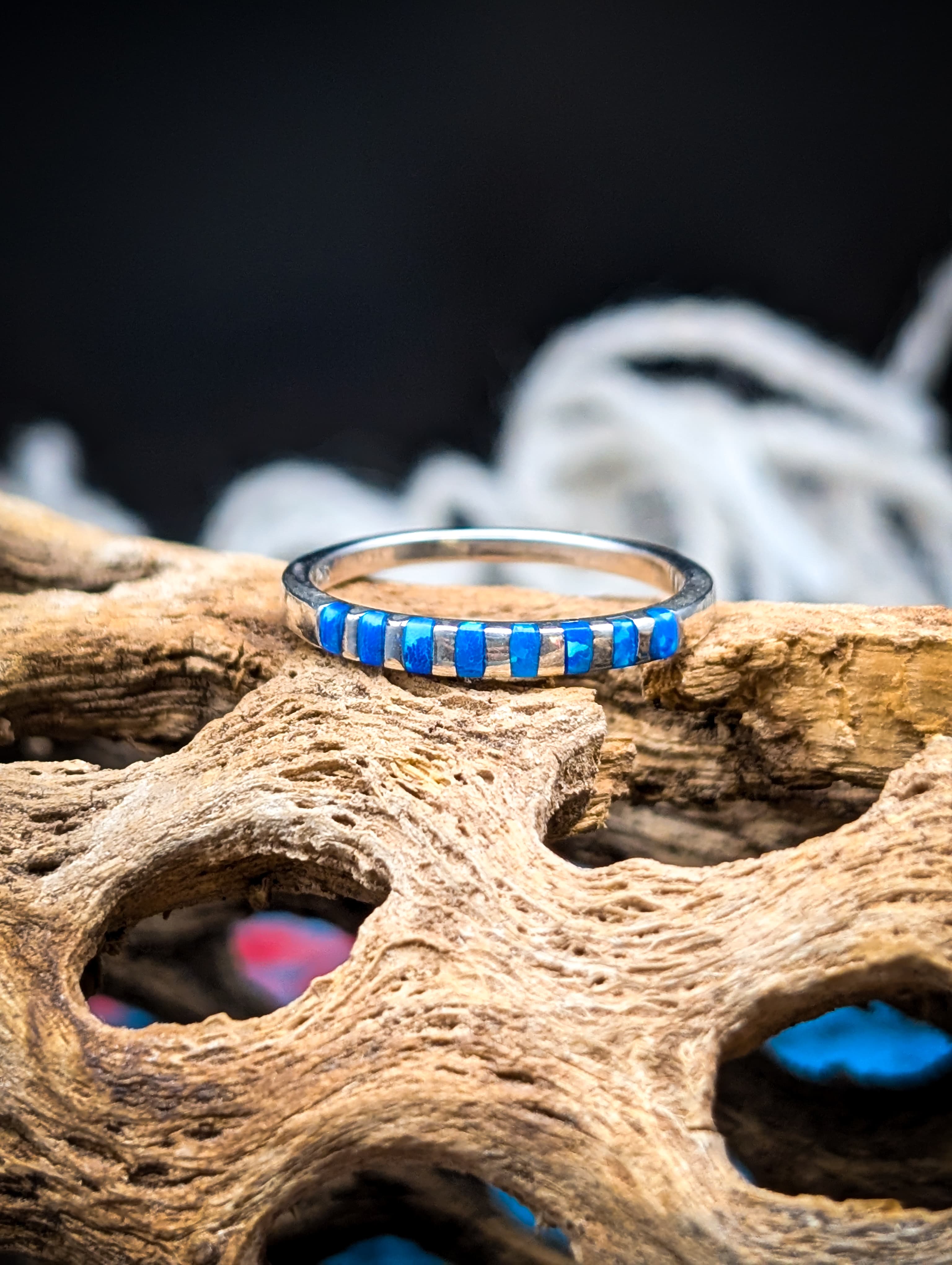 Zuni Lab Opal Inlay Sterling Silver Band Size 7