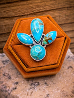 Three Stone Kingman Turquoise Sterling Silver Ring Adjustable