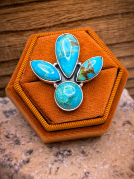 Three Stone Kingman Turquoise Sterling Silver Ring Adjustable