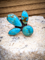 Three Stone Kingman Turquoise Sterling Silver Ring Adjustable