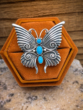 Artisan Made Kingman Turquoise Butterfly Sterling Silver Ring size 7.75