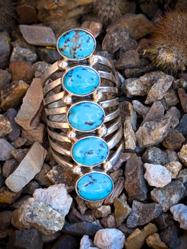 Navajo Kingman Turquoise Crawler Sterling Silver Ring Signed Timothy Yazzie size 9