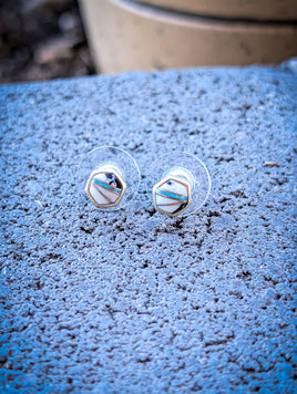Navajo Sterling Silver White Buffalo & Opal Inlay Stud Earrings
