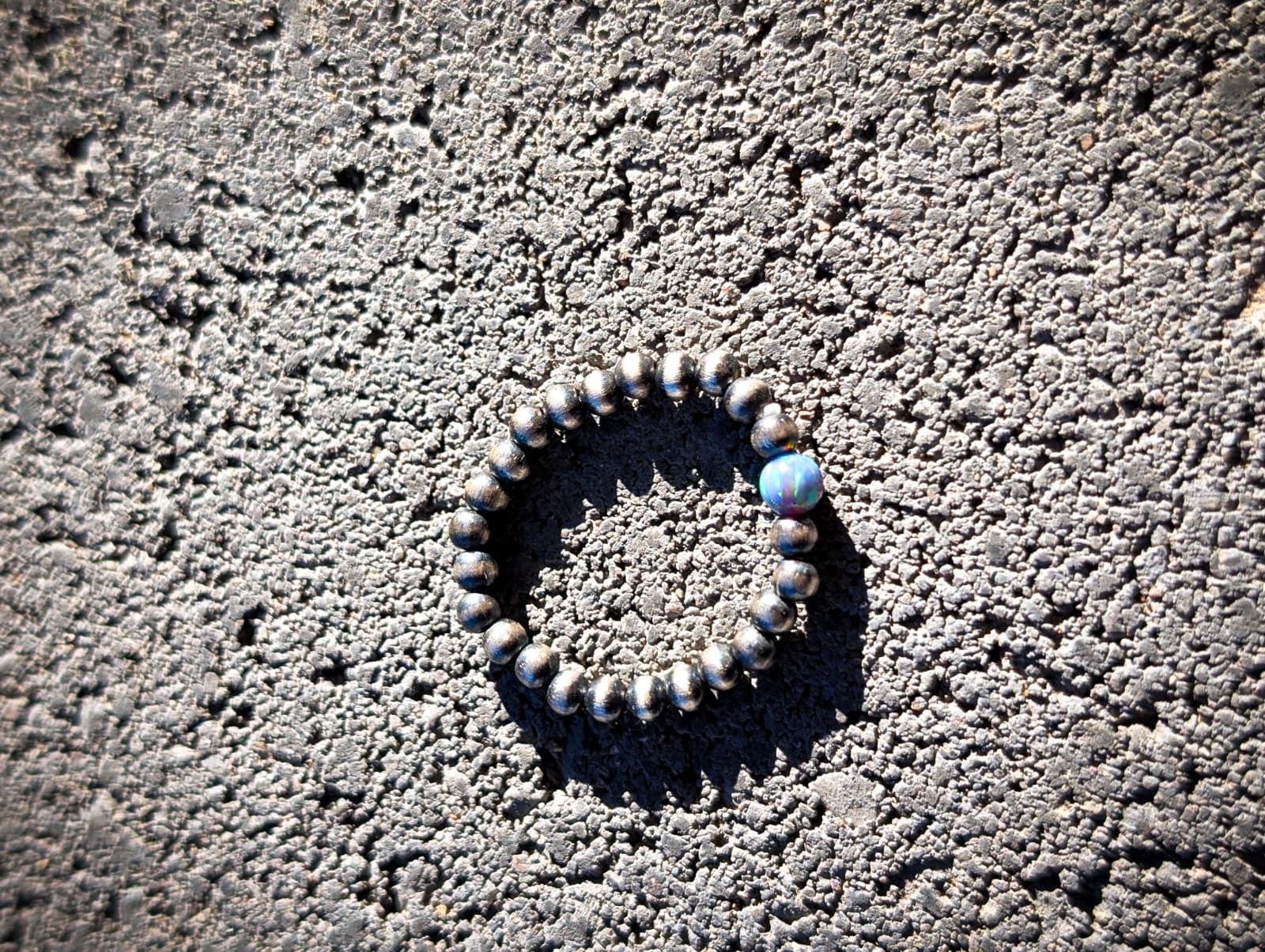 Sterling Silver Italian Pearl Ring Stretch Band with Lab Opal