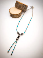 Navajo Pearls & Turquoise Lariat Necklace - Sterling Silver - 14.5" + 2" extender