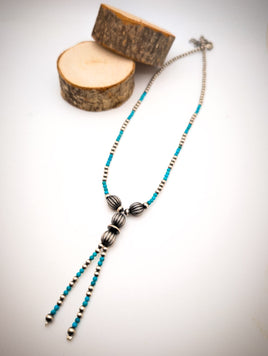 Navajo Pearls & Turquoise Lariat Necklace - Sterling Silver - 14.5" + 2" extender
