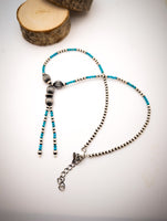 Navajo Pearls & Turquoise Lariat Necklace - Sterling Silver - 14.5" + 2" extender