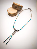 Navajo Pearls & Turquoise Lariat Necklace - Sterling Silver - 14.5" + 2" extender