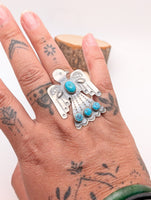 Navajo Turquoise Thunderbird Sterling Silver Ring Size Adjustable