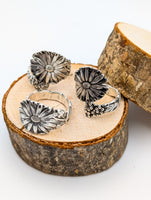 Sterling Silver Spoon Rings, Daisy Pattern, Adjustable