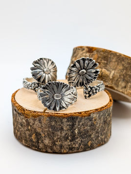 Sterling Silver Spoon Rings, Daisy Pattern, Adjustable