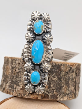 Navajo Kingman Turquoise Triple Stone Sterling Silver Ring Signed Jeff James, Jr size 8.5