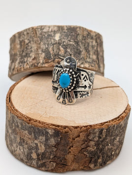 Kingman Turquoise Thunderbird Sterling Silver Ring size 8