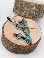 Artisan Made Kingman Turquoise and Coral Cactus Pendant Set