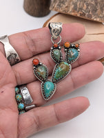 Artisan Made Kingman Turquoise and Coral Cactus Pendant Set