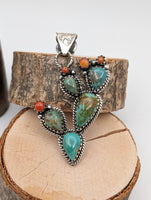 Artisan Made Kingman Turquoise and Coral Cactus Pendant Set
