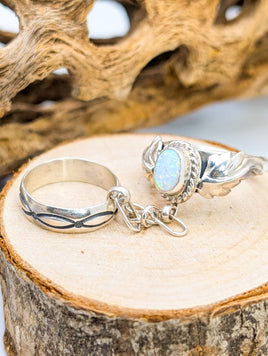 Navajo Sterling Silver Double Rings and Lab Created Opal by Thomas Yazzie Size size 5.75