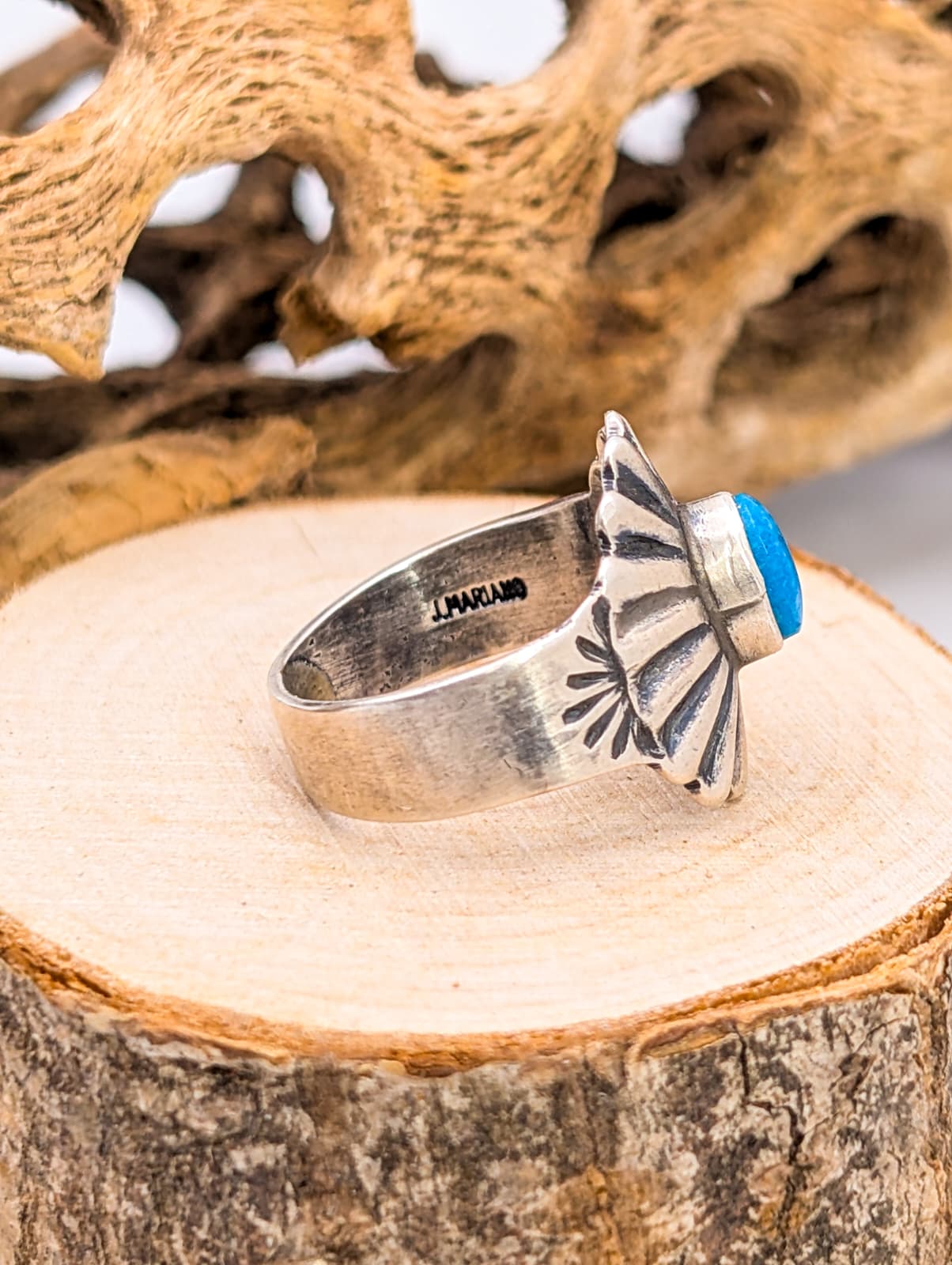 Navajo Brushed Sterling Silver and Turquoise Ring Size 6 1/4 by J Mariano