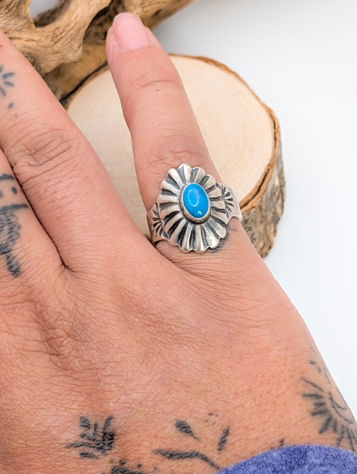 Navajo Brushed Sterling Silver and Turquoise Ring Size 6 1/4 by J Mariano