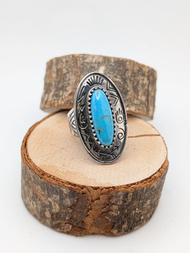 Navajo Sterling Silver Turquoise Southwest Stamped Oval Ring Sz 8.5