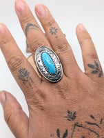 Navajo Sterling Silver Turquoise Southwest Stamped Oval Ring Sz 8.5