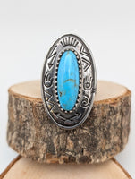 Navajo Sterling Silver Turquoise Southwest Stamped Oval Ring Sz 8.5