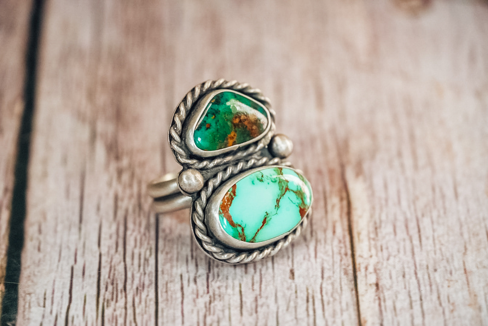 Handmade Sterling Silver Royston Turquoise Ring | Adjustable Double Stone Statement Ring