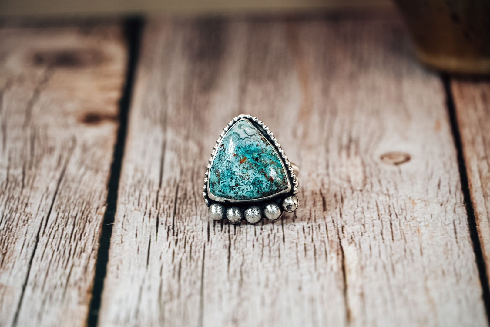 Handmade Sterling Silver Chrysocolla Agate Statement Ring | Adjustable Size