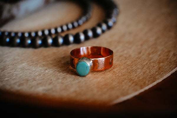 Handmade Copper Ring with Sterling Silver Accents | Kingman Turquoise Daily Ring | Size 8