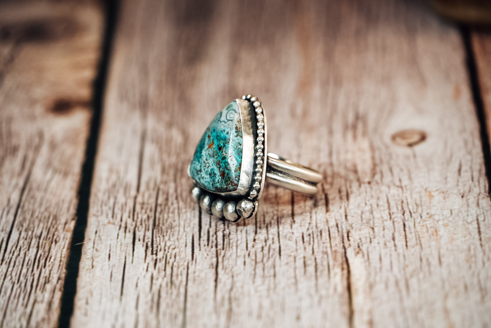 Handmade Sterling Silver Chrysocolla Agate Statement Ring | Adjustable Size