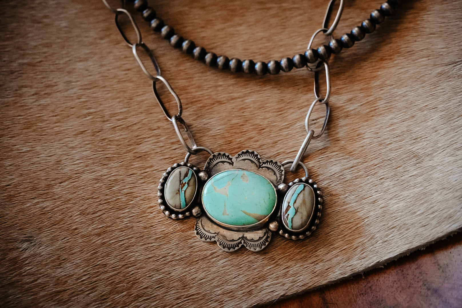 Handmade Sterling Silver Turquoise Necklace | Ribbon Royston & Royston Statement Necklace | 20" Chain