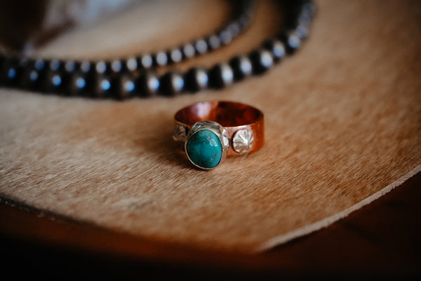 Handmade Copper Ring with Sterling Silver Accents | Kingman Turquoise Daily Ring | Size 5.5