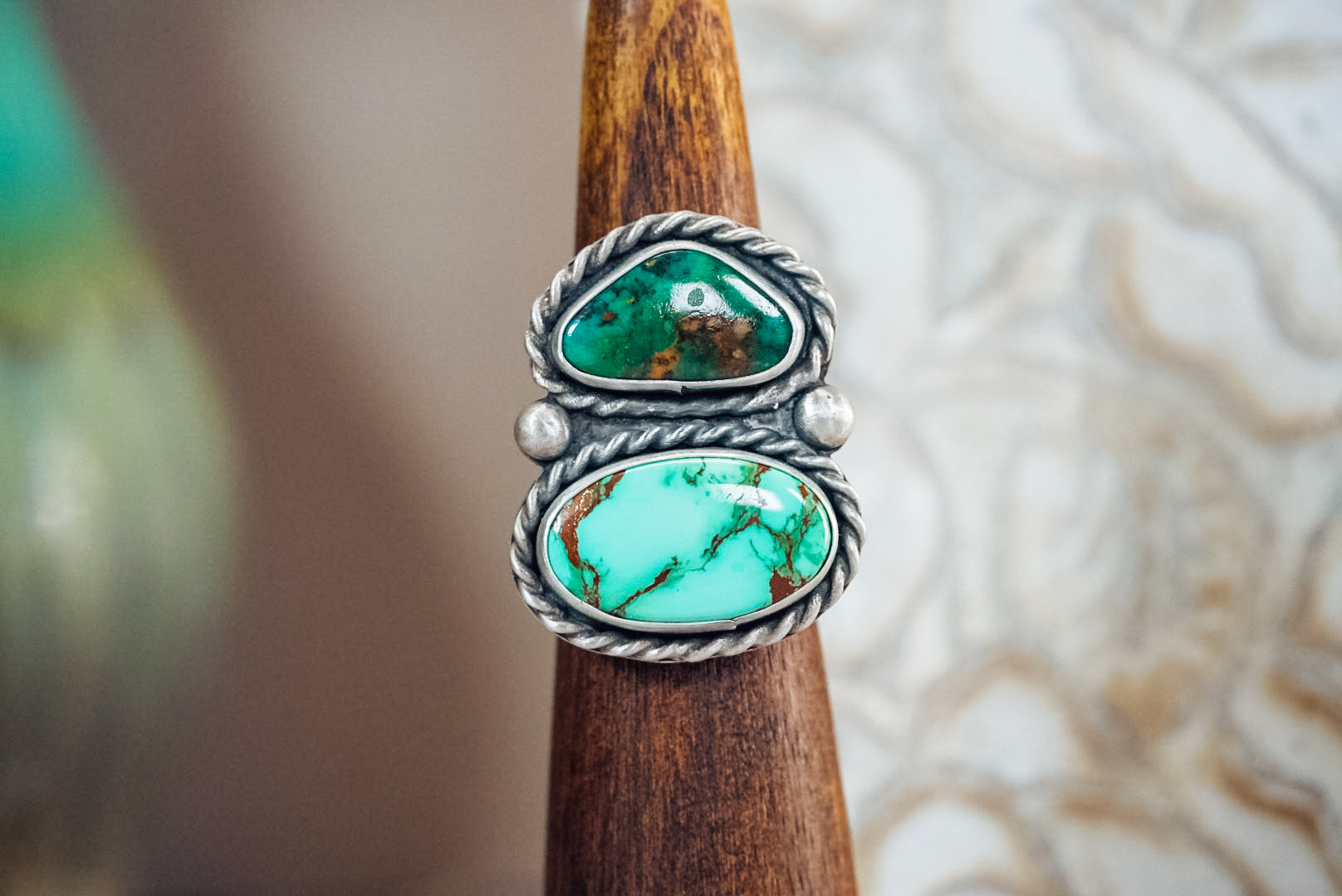Handmade Sterling Silver Royston Turquoise Ring | Adjustable Double Stone Statement Ring